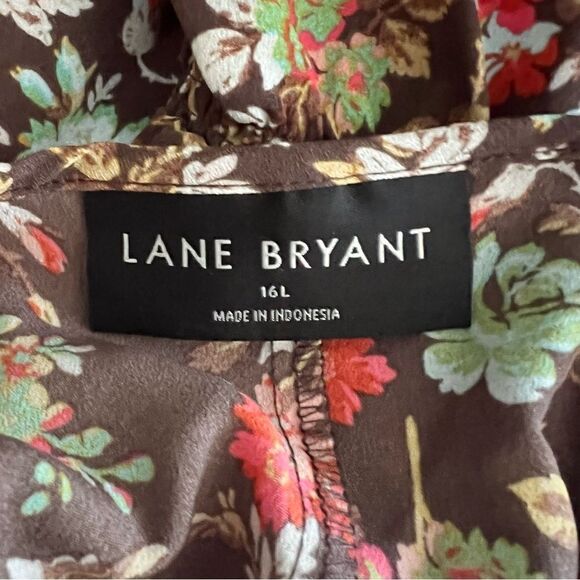 Lane Bryant 16L Long Tunic Top Blouse with Short Ruffle Sleeve Brown Floral - Picture 7 of 9